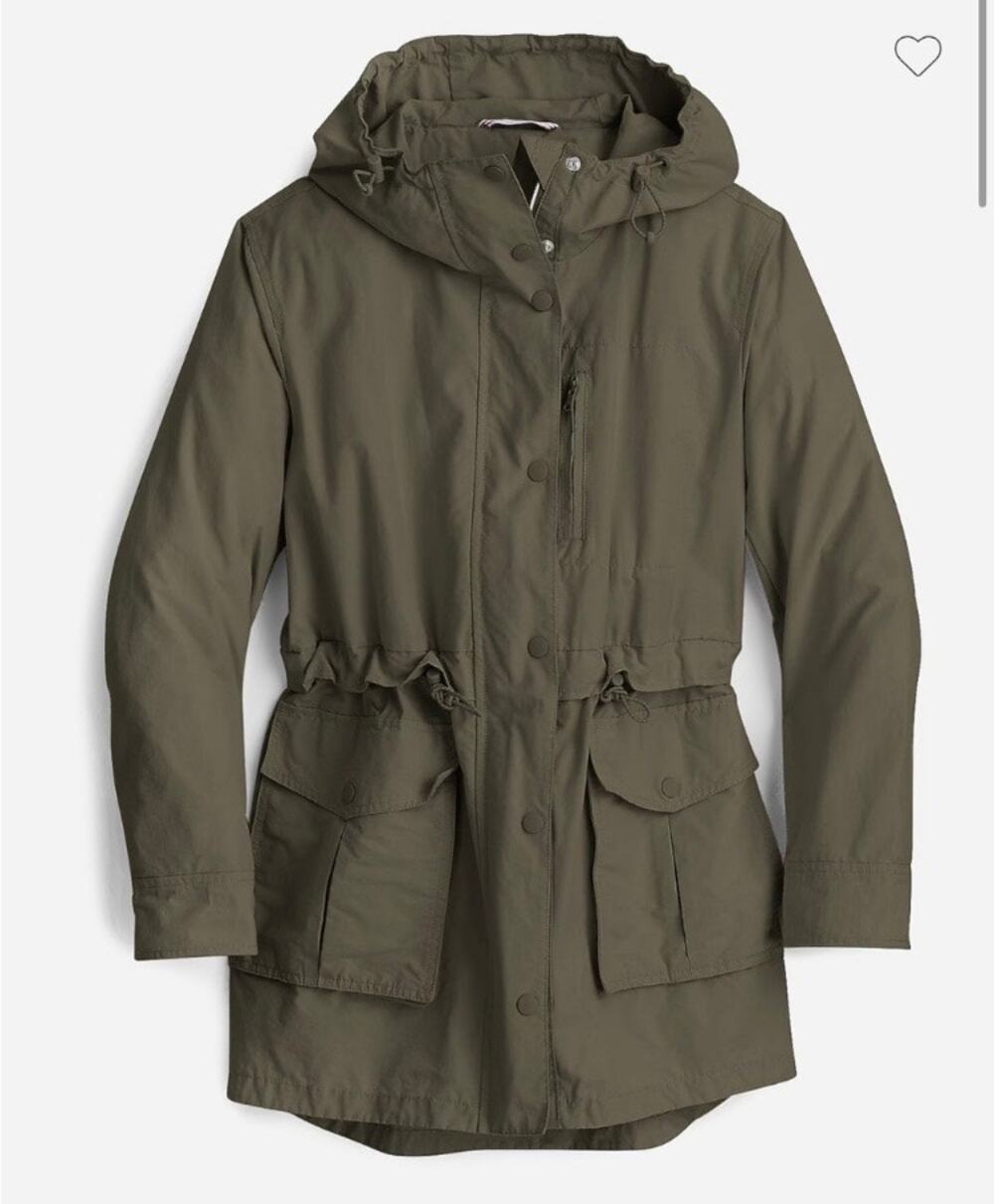 J.Crew Sz S Perfect Lightweight Jacket Rain Coat in Olive Green Hooded Longline